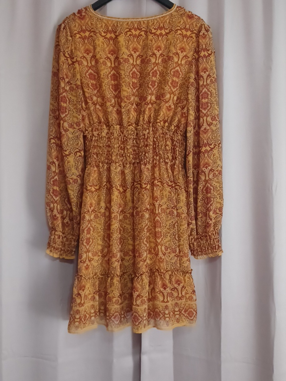 Max Studio Smocked Waist Mini Dress Balloon Sleeves V-Neck Mustard Boho Size L - Picture 10 of 15